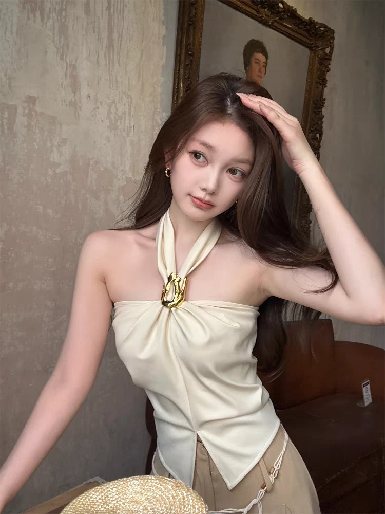 香肩美人 纯欲复古气质辣妹性感露肩金属扣挂脖吊带背心百搭上衣