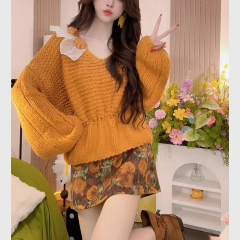 韩系多巴胺橙色针织毛衣短裙套装2025秋季新款气质毛衣穿搭两件套