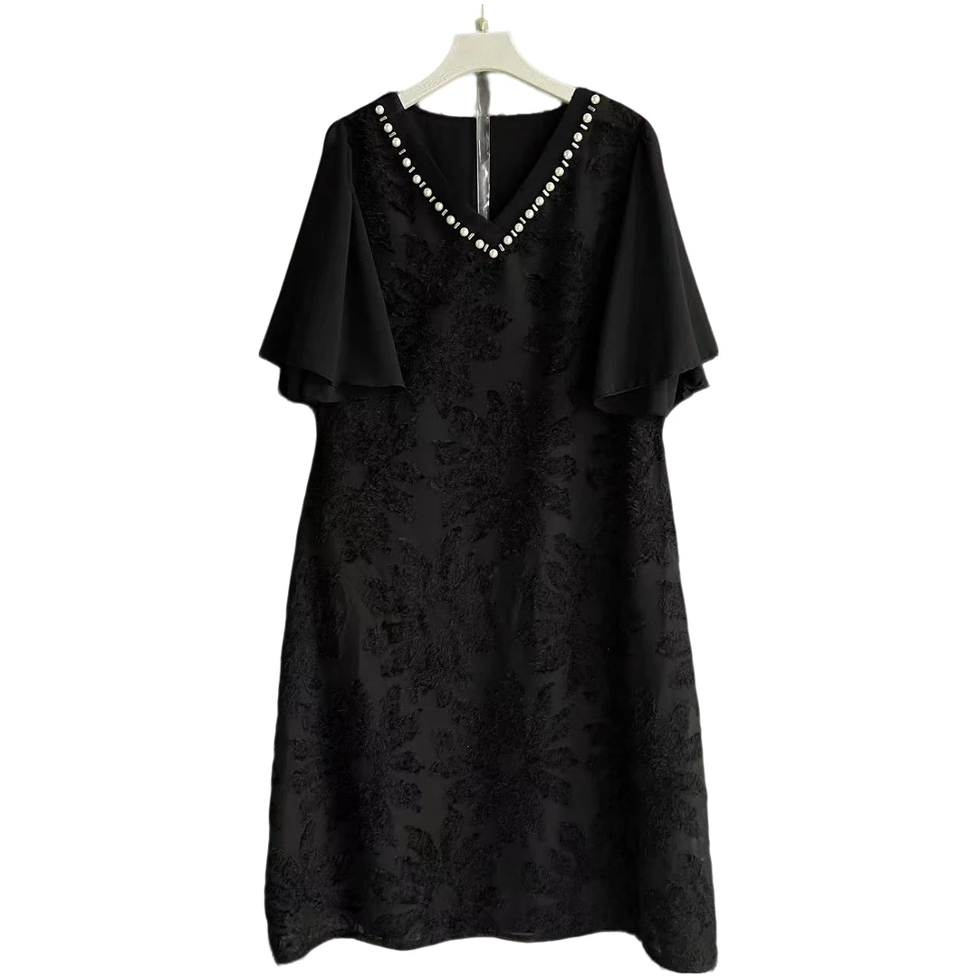 短袖中长裙拼接A字裙夏季高贵连衣裙黑色