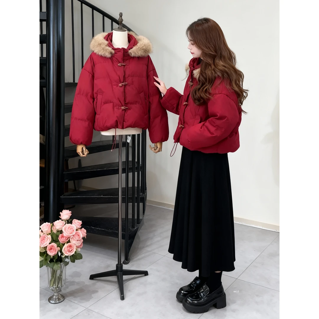 时尚气质一整套女2026新款过年红色战袍连帽棉服外套半身裙两件套