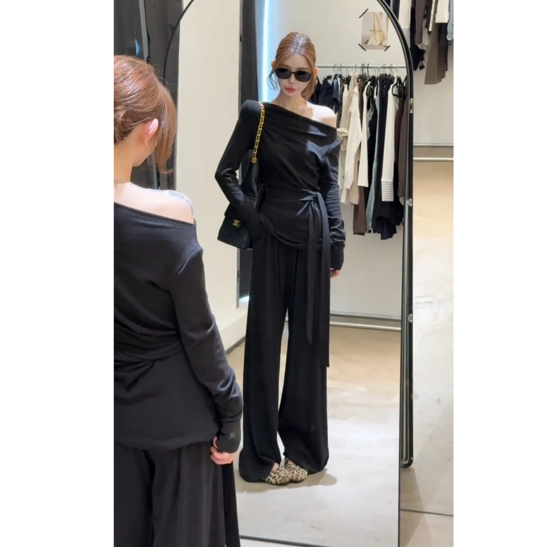 2025超火一整套时尚休闲慵懒风百搭修身斜肩上衣裤子两件套