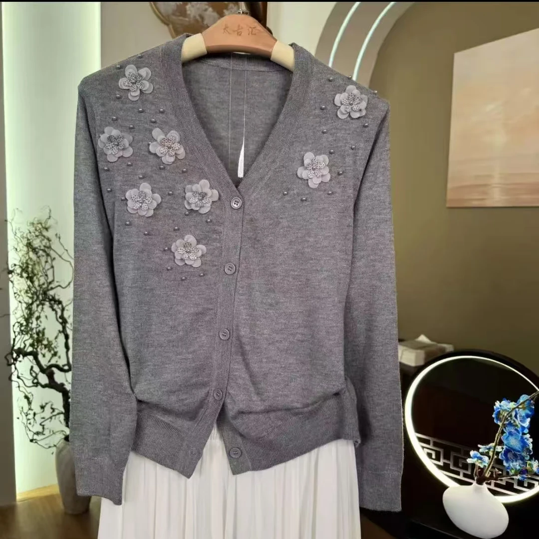【灰色小花朵】针织开衫灰色妈妈款针织百搭上衣812