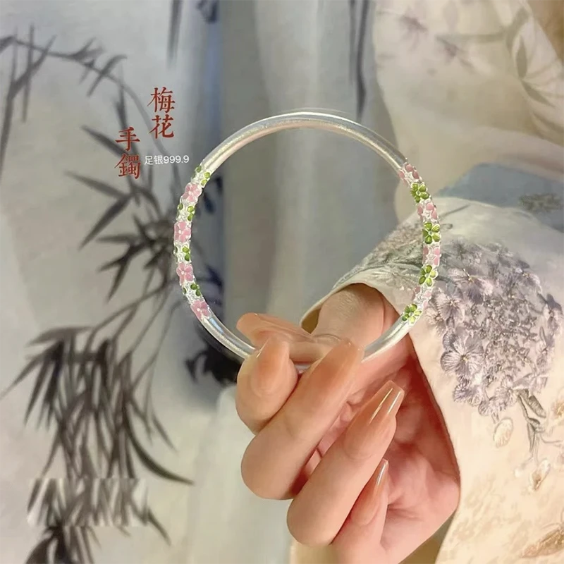 足银手镯 74号链接【闭口】足银珐琅梅花闭口手镯