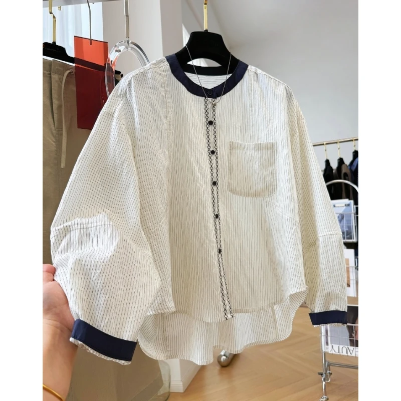 韩系超好看撞色圆领条纹长袖衬衫女秋高级感chic别致上衣气质小衫