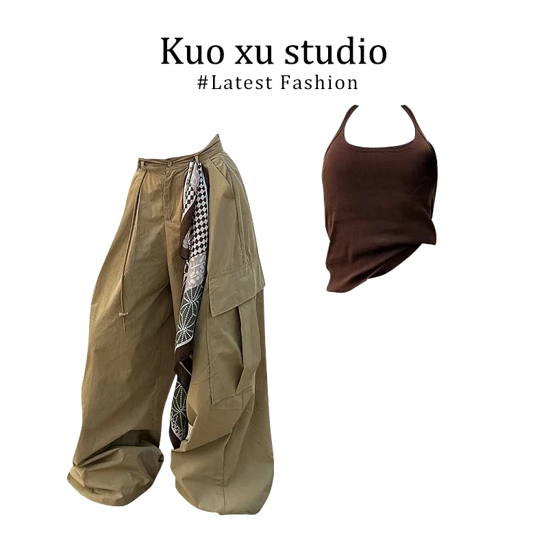 辣妹风吊带背心上衣出游服装女高腰阔腿多口袋工装裤休闲裤套装