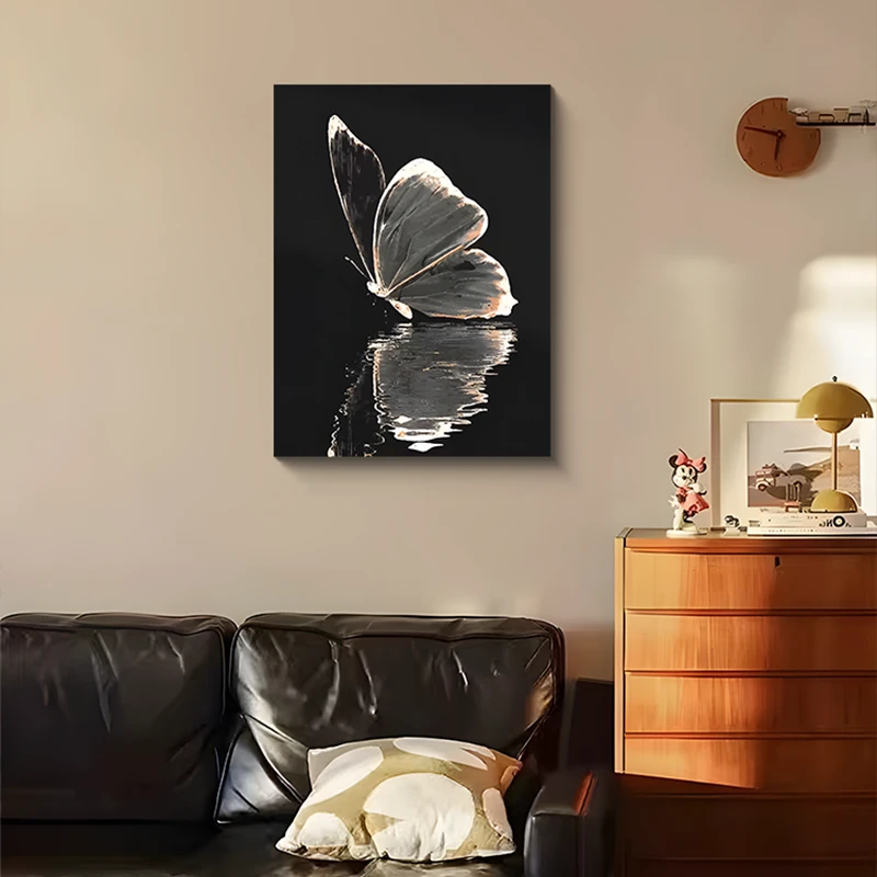 新款黑白蝴蝶客厅沙发背景玄关装饰画卧室床头高级感砂岩挂画6080