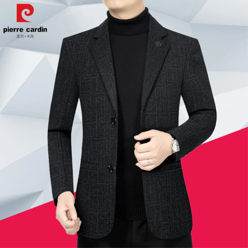 皮尔卡丹春秋休闲男装修身西装外套中年男高档毛料西服商务爸爸装