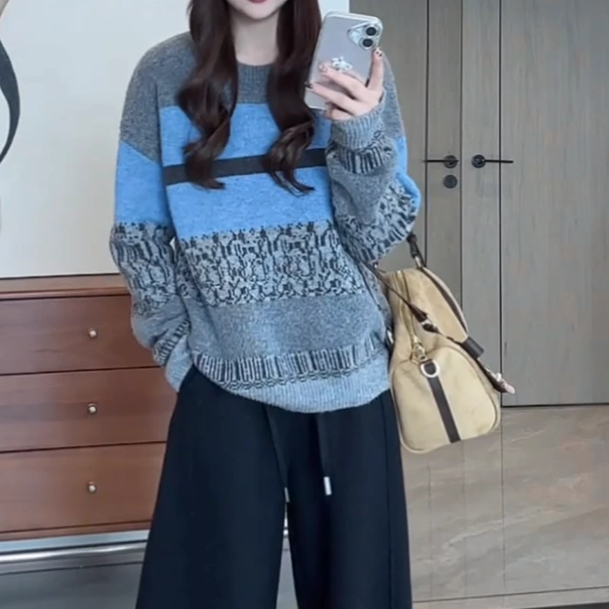 别致圆领拼色宽条纹毛衣女2025新款秋冬复古小众慵懒风宽松针织衫