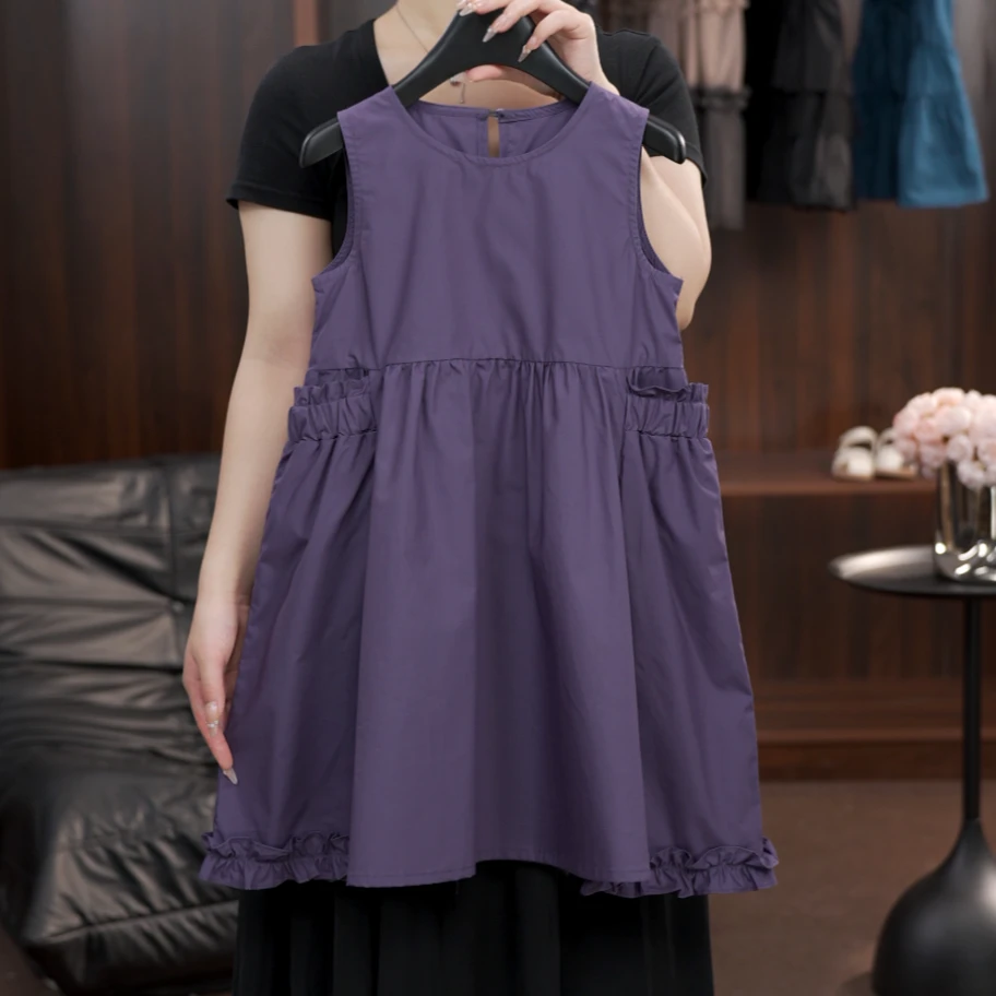 【1%】2025夏季无袖纯棉口袋高级复古小众薄款女童中长款纯色时尚