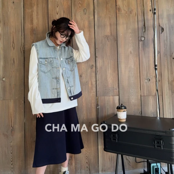 CHA MA GO DO【上新季】08300|翻领百搭休闲拼接韩版设计感牛仔马甲