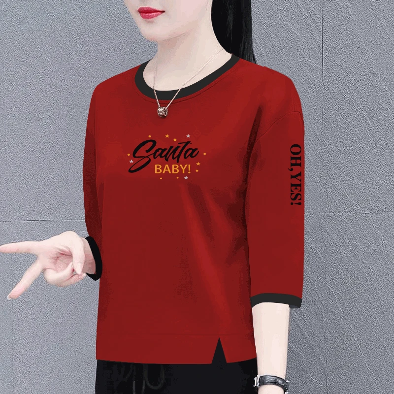 100%纯棉新款七分袖T恤女薄款别致百搭显瘦开衩设计感圆领上衣ins