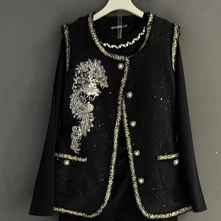 钉珠立领刺绣复古圆领民族风马夹马甲秋季秋冬黑色小香风小衫