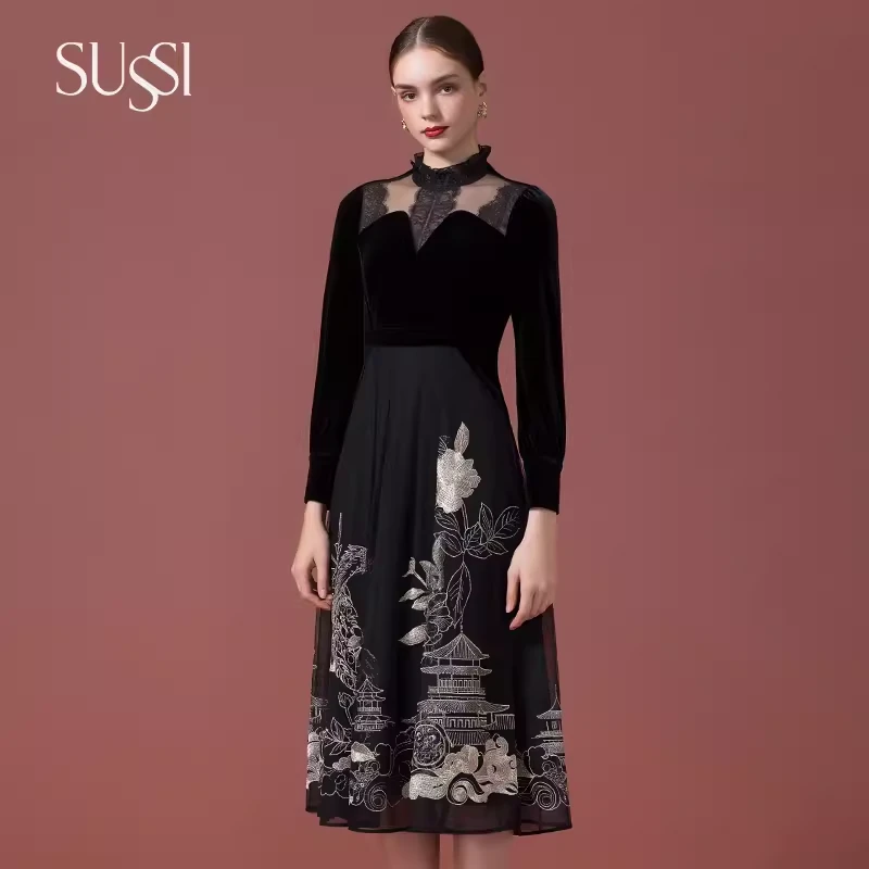 SUSSI/古色秋冬新品长安大都立连衣裙收腰显瘦国风新中式