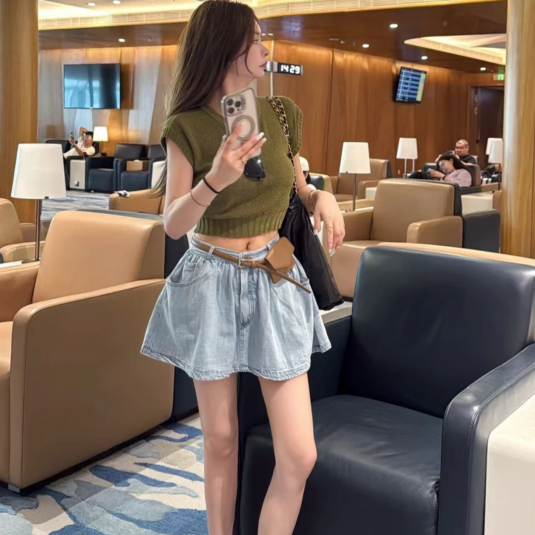 【YKL】色彩幻境 时尚百搭显瘦牛仔褶皱伞裙