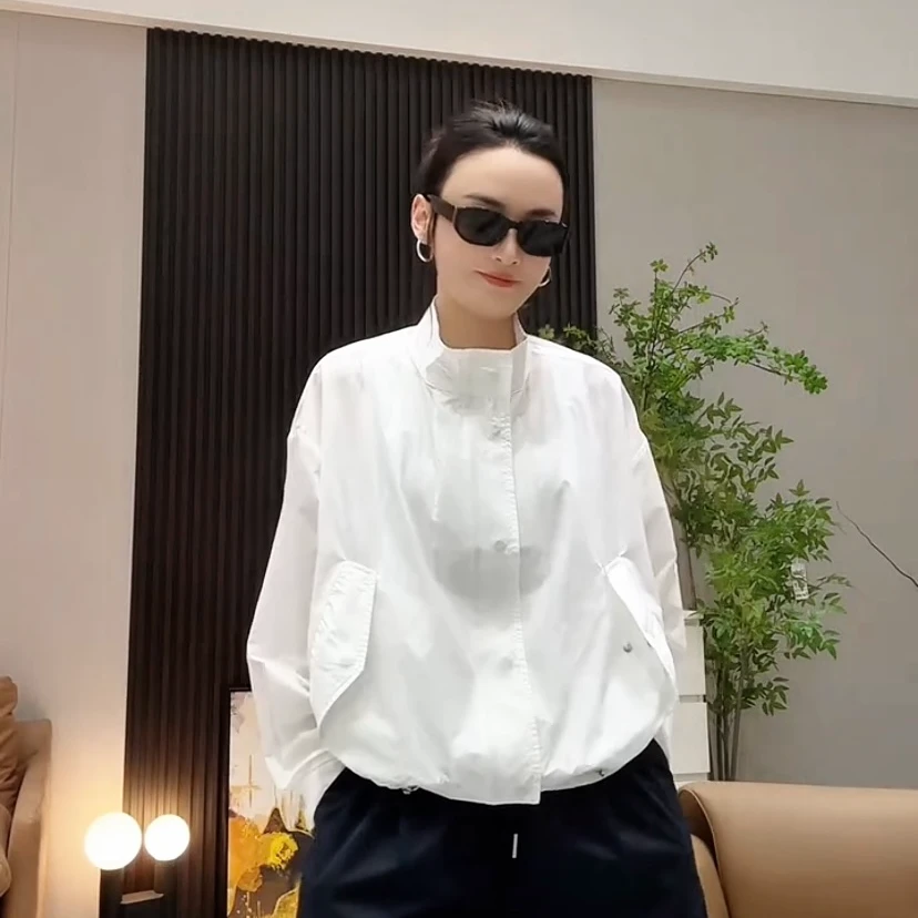 欧货2025春季新款高领宽松抽绳宽松户外防晒冲锋衣短外套女