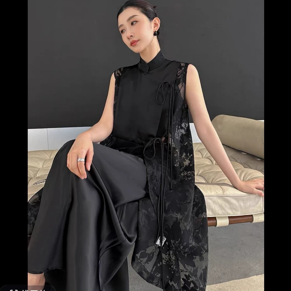 2025早秋新中式穿搭小立领中国风长马甲提花拼接上衣连衣裙