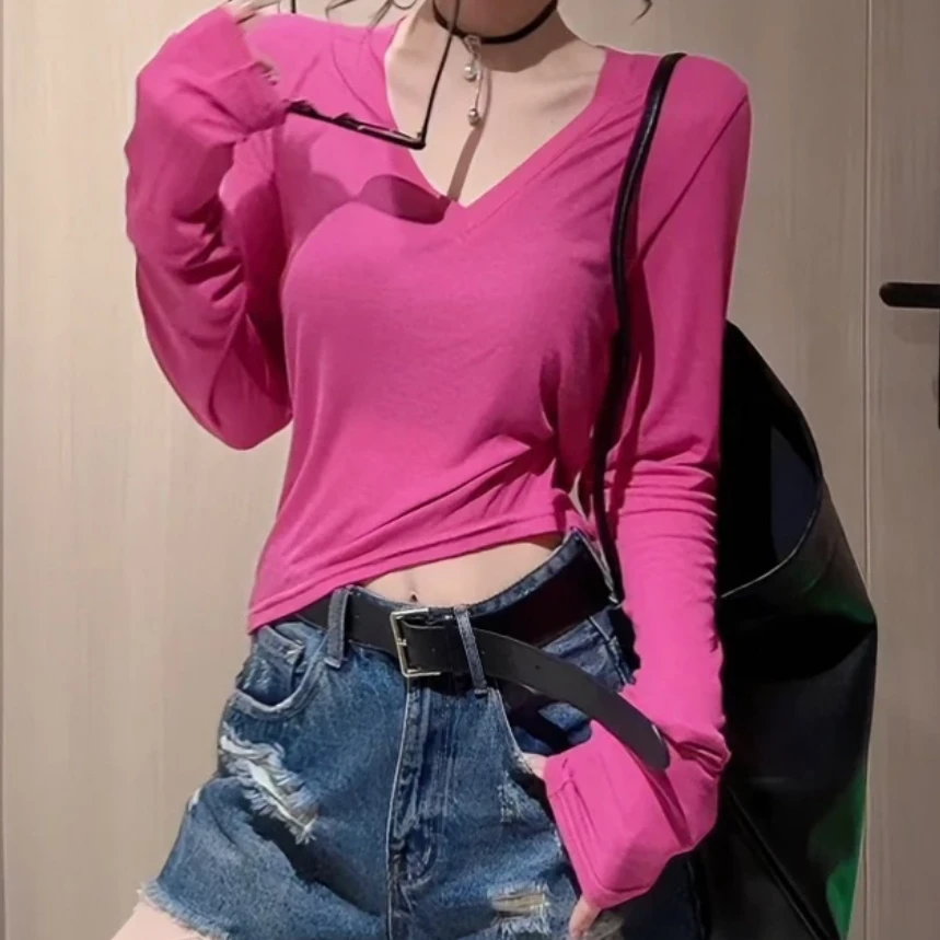 时尚潮流百搭修身显瘦V领轻薄款防晒上衣女2025年夏季新款长袖T恤