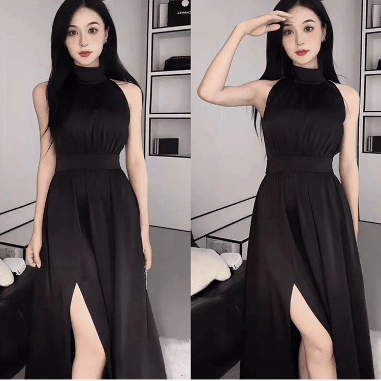YY爆款挂脖无袖高级感开叉连衣裙女法式修身高腰显瘦长裙子322