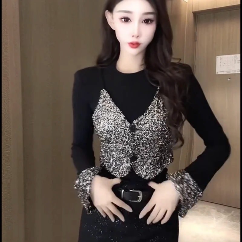 网红爆款年内搭时尚上衣假两件小衫秋冬新款拼接重工百搭显瘦女士