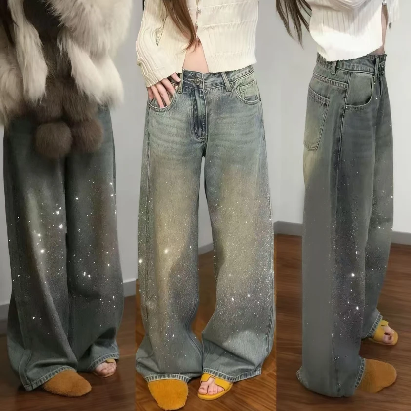 B3098冬季新款韩系百搭时尚休闲设计感宽松高腰加绒牛仔阔腿裤