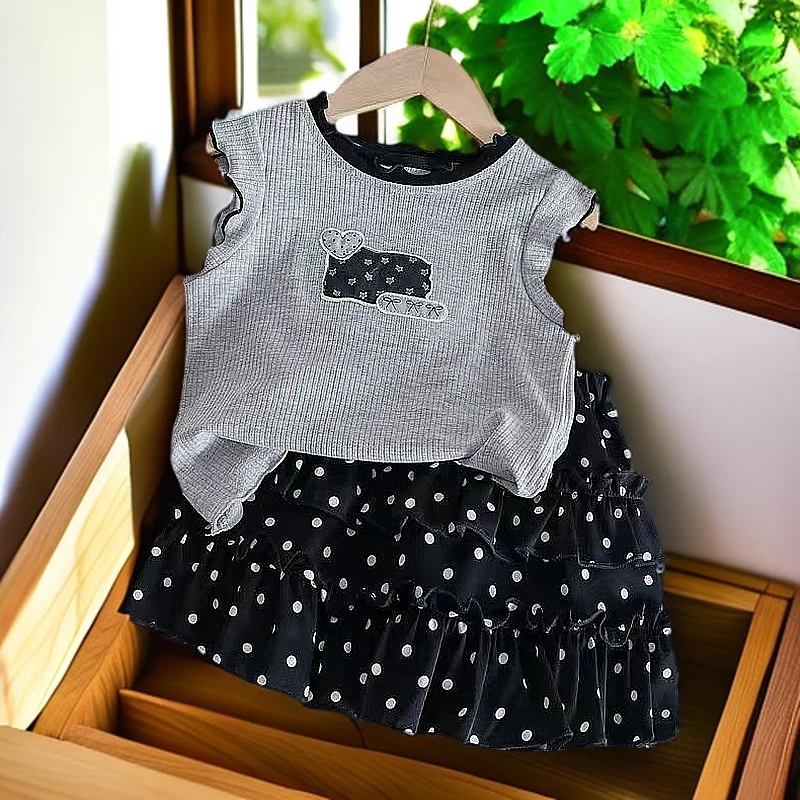 女童夏季背心套装2025新款女宝宝韩系穿搭木耳上衣搭配波点短裙