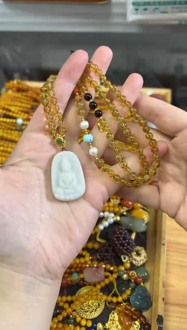 银S925镶嵌项链蓝珀琥珀蓝珀观音吊坠项链[1239]