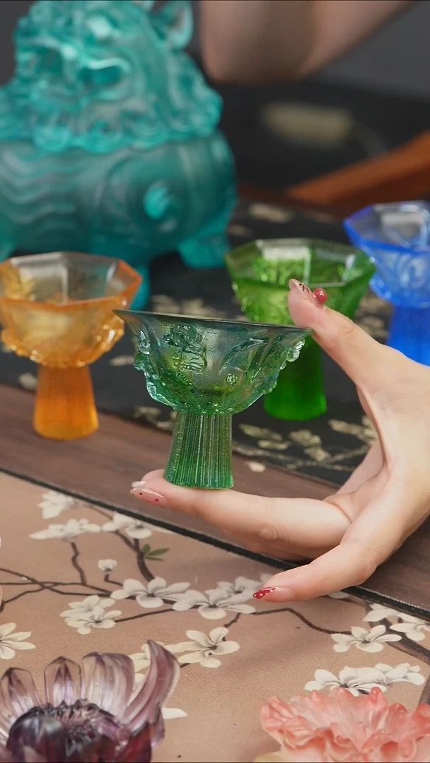 手工艺品琉璃蓝绿色荷花高足茶盏