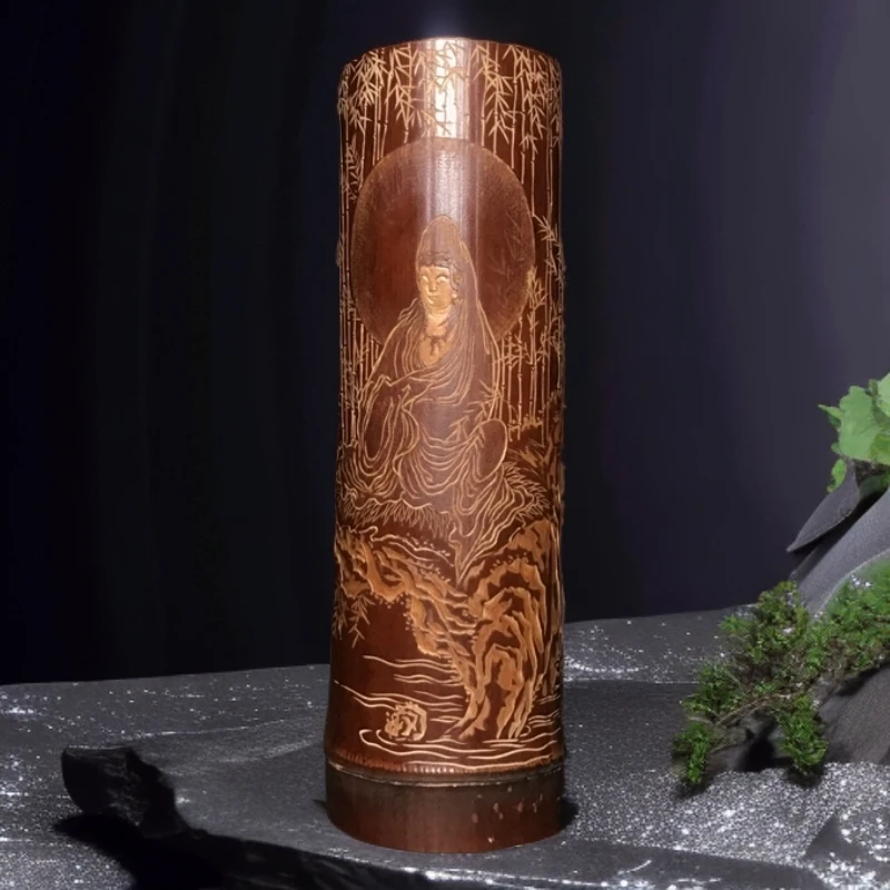 老煤竹手工雕刻茶则臂搁传统民俗工艺[水月观音]尺寸约20*6.5CM