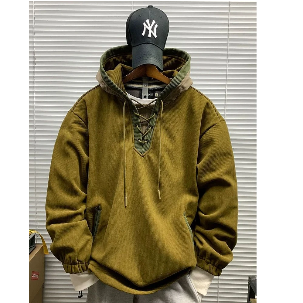 300斤加肥大码休闲宽松痞帅上衣男装秋季美式复古撞色连帽卫衣潮2