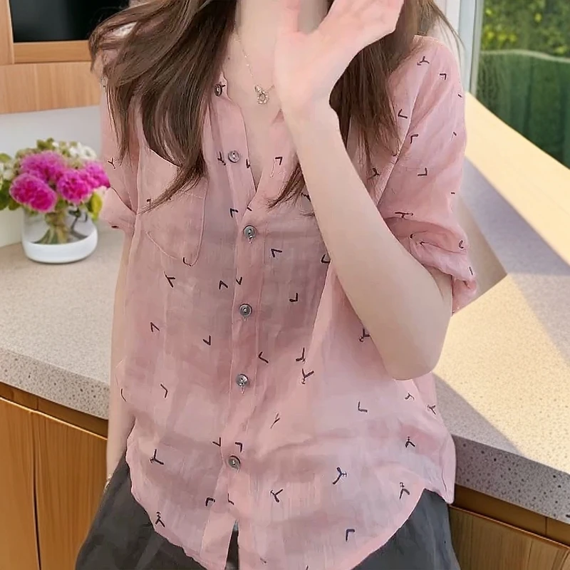 洋气设计感千鸟衬衫女2025夏季新款简约时尚中袖衬衣宽松短袖上衣