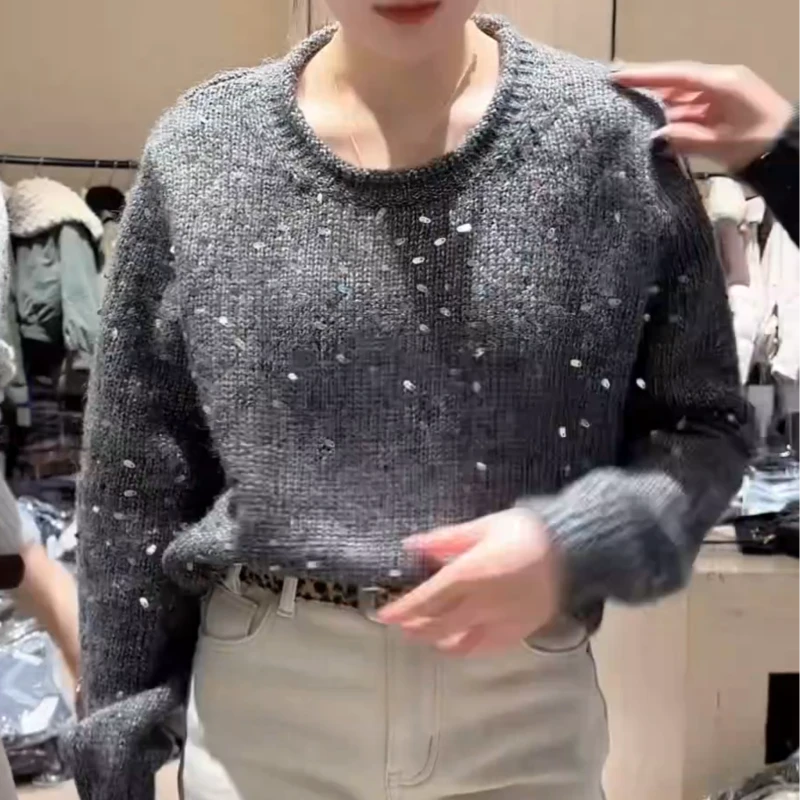 冬季时尚韩系百搭气质长袖圆领亮片针织衫上衣LK2508685