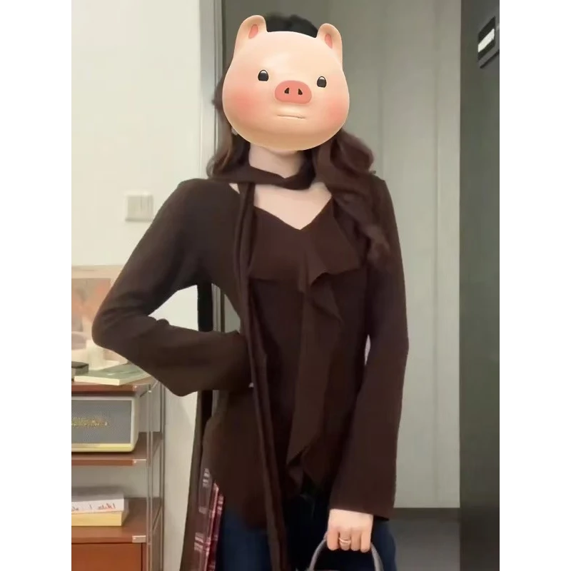 西西 [轻柔旋律] 法式荷叶边V领飘带显瘦上衣
