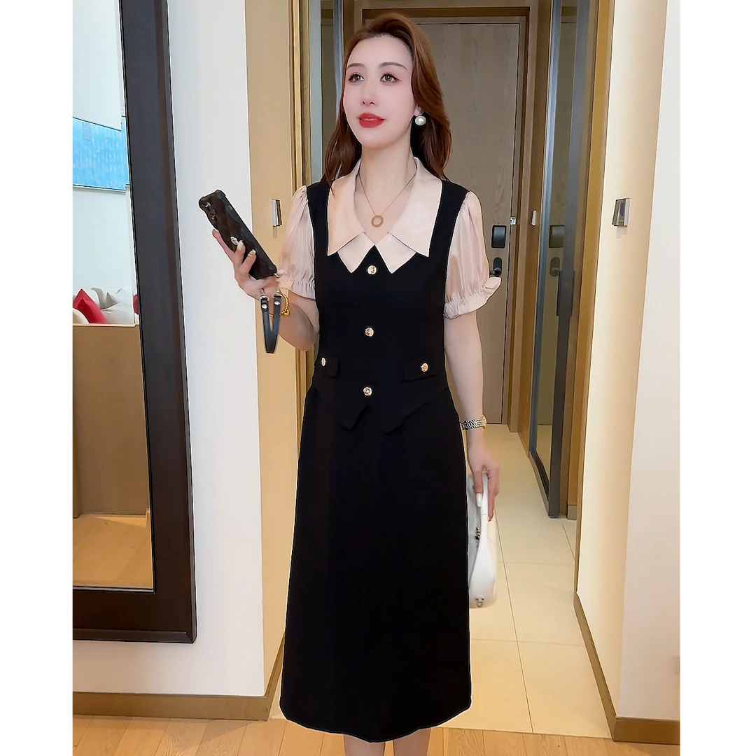 2025夏季时尚气质洋气小黑裙假两件拼收腰显瘦接小香风短袖连衣裙