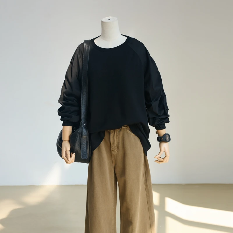 琴川谷打底衫吸汗圆领纯色T恤秋季长袖设计感插肩袖褶皱套头拼接