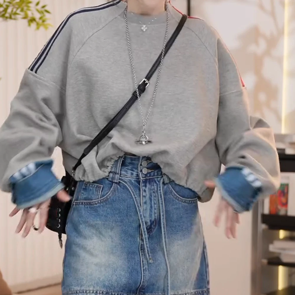慵懒风宽松短款拼接抽绳卫衣女2025春季新款休闲百搭上衣气质女装