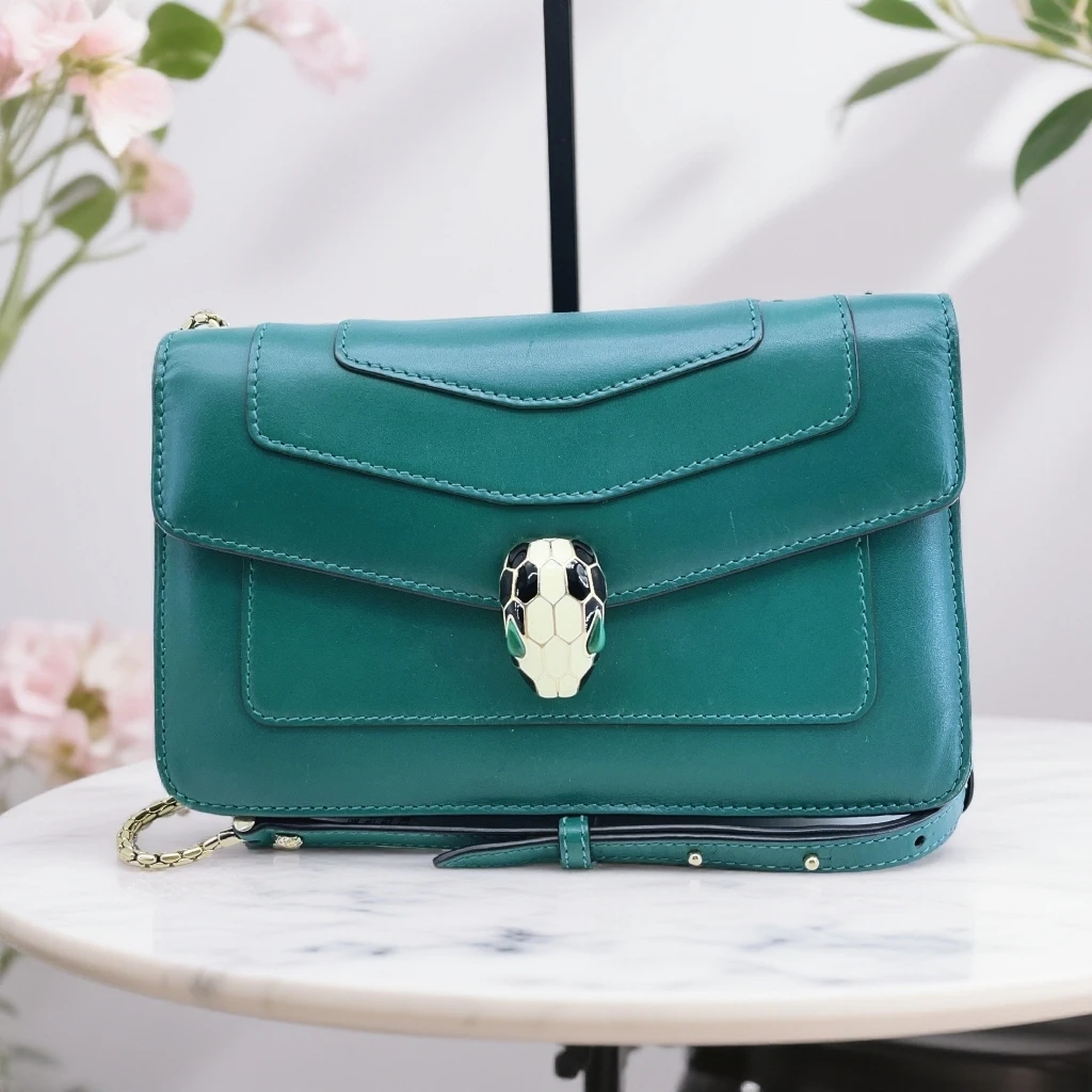 95新 BVLGARI/宝格丽 绿色蛇头链条包 1738 0028