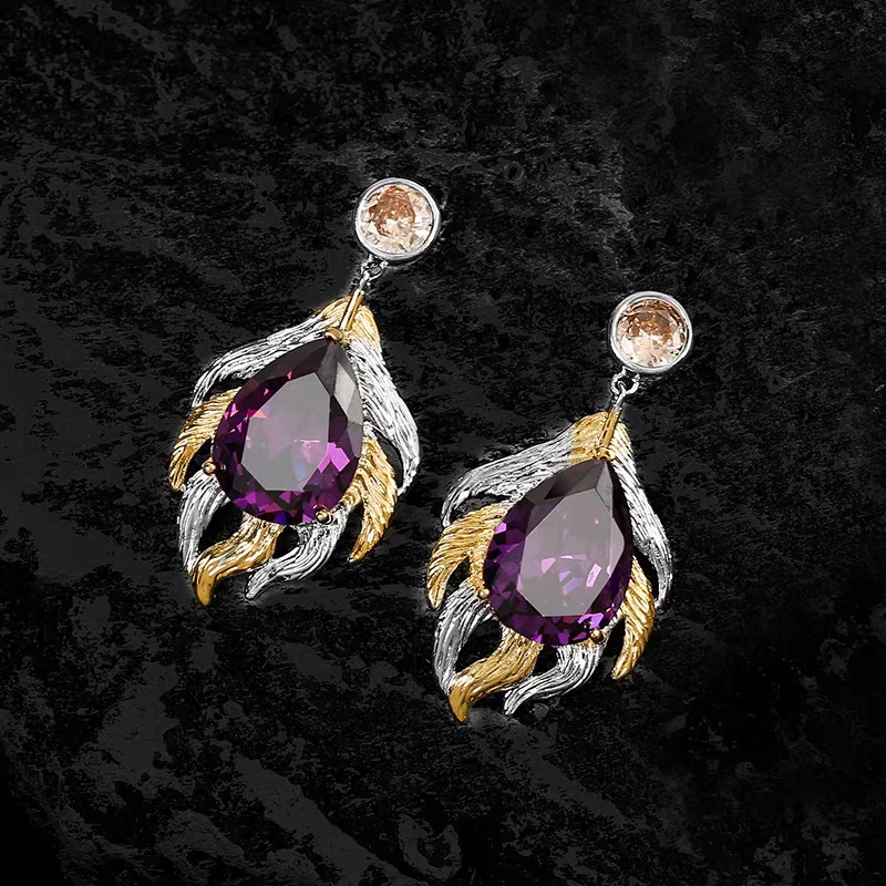 铜合金合成锆石耳饰 设计感复古时尚高贵耳环大气长款轻奢7194-1