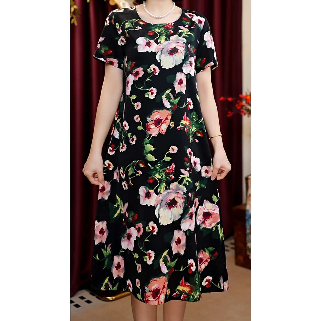 【满园桃花黑色】 提花长裙休闲风民族风中老年女装连衣裙宽松夏季