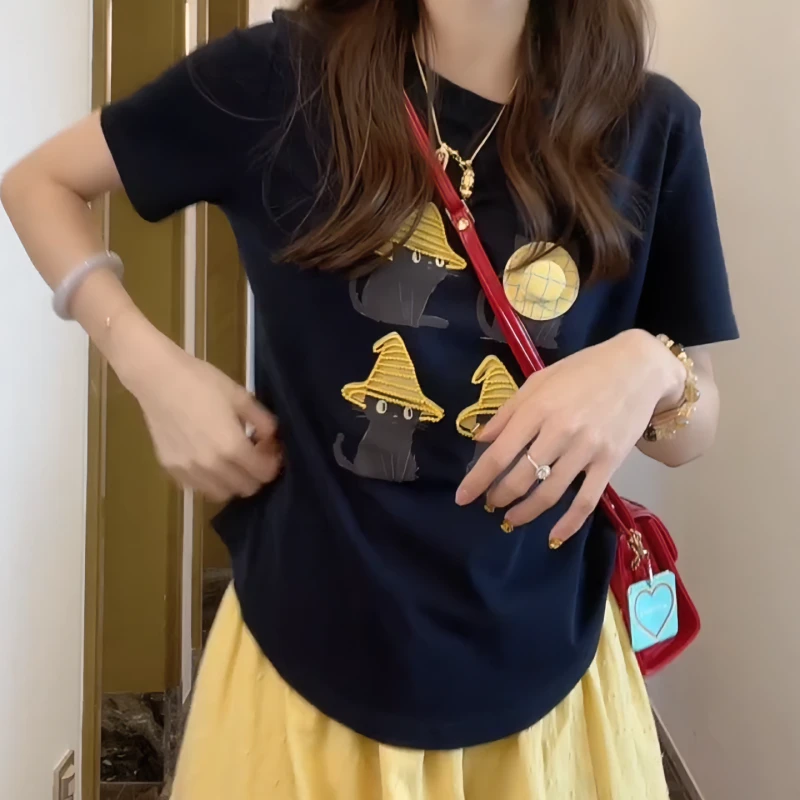 【魔法帽猫】夏季新款可爱趣味猫咪洋气百搭减龄T恤女LK2502686
