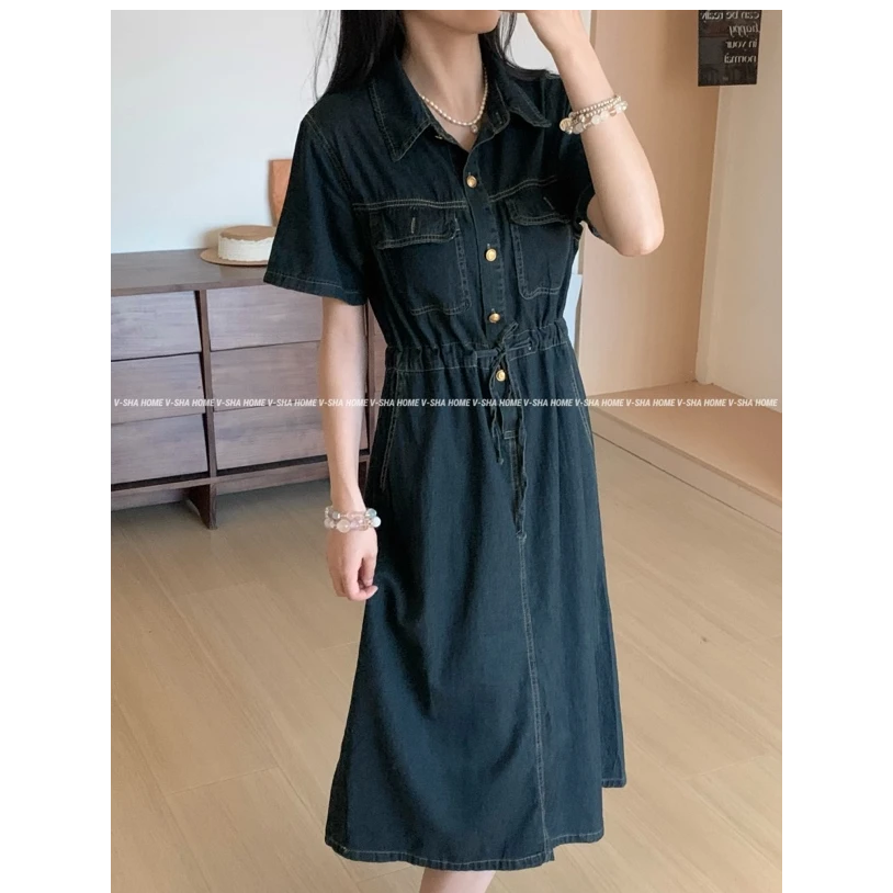 薇莎3067【怀旧】 POLO领收腰显瘦牛仔连衣裙