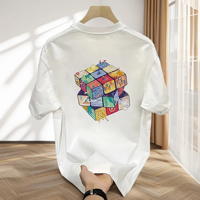 仓石一树潮牌七彩魔方印花短袖t恤男士休闲宽松情侣重磅百搭上衣