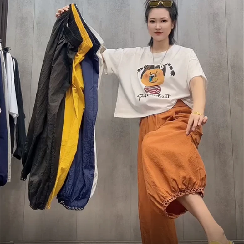 超好看纯色花边速干阔腿灯笼裤女2025夏季新款百搭舒适宽松休闲裤