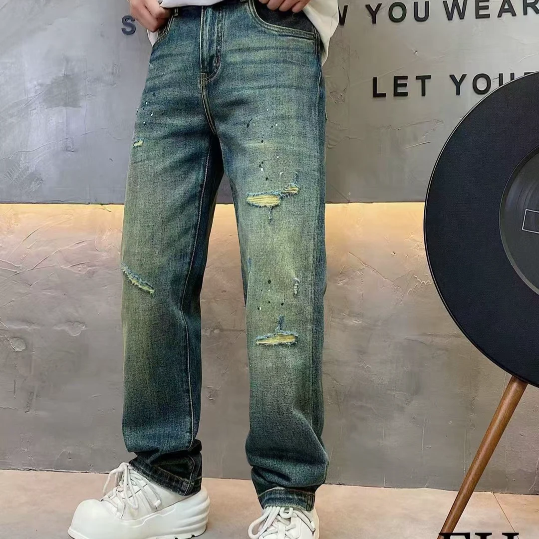 复古做旧泼漆宽松直筒男士牛仔裤