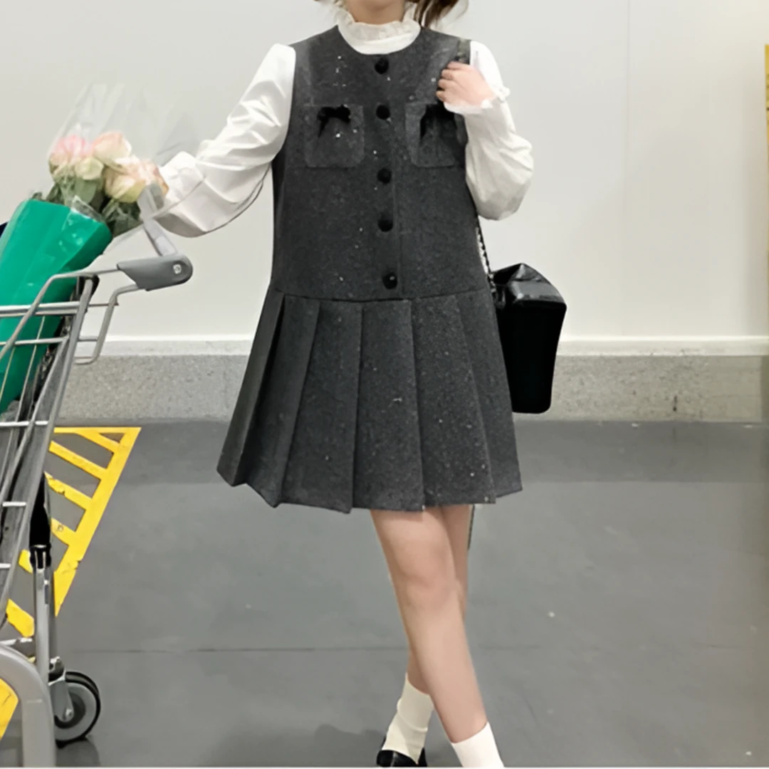 彩序坊  韩系减龄高级感厚黑风裙子两件套5593