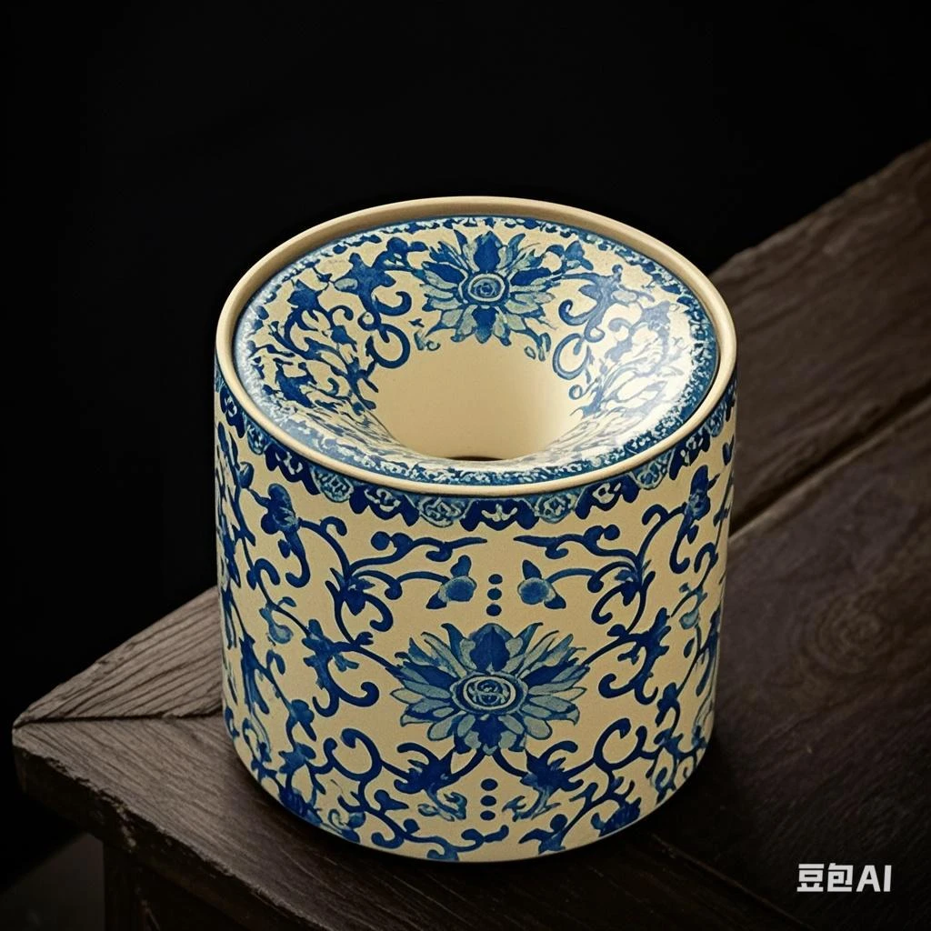汝窑国风青花缠枝莲漏斗烟灰缸带盖防飞灰茶渣缸水盂杯洗家用配件