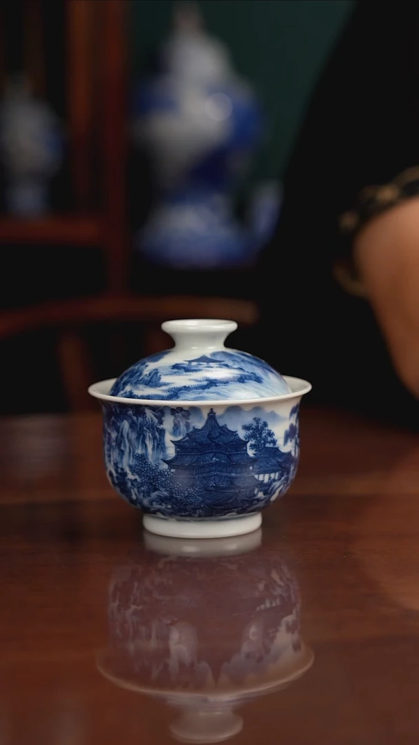 景琳藏青花十雅盖碗