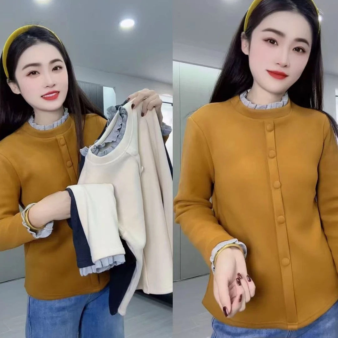 恒鑫安荷叶边假两件加绒排扣小衫