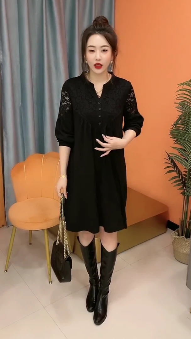 长袖中腰秋季V领显瘦连衣裙宽松轻奢风法式蕾丝裙