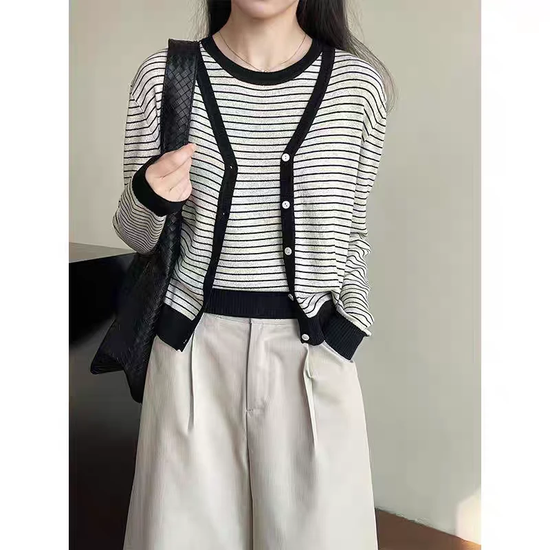 韩版秋季休闲个性条纹针织背心+文艺淑女羊毛开衫上衣两件套显瘦