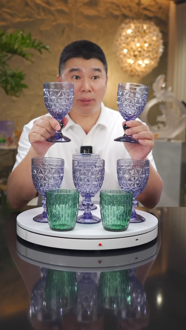 瓷片福利紫色高脚杯一套六只带绿色水杯一对